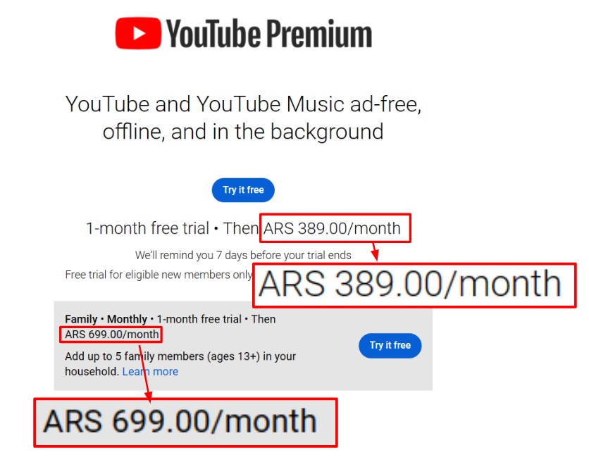 youtube premium via argentina